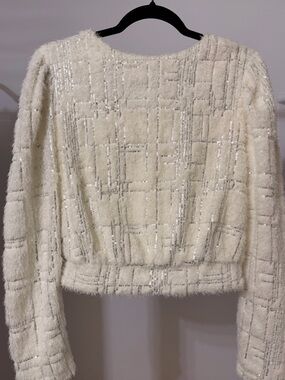 Flying Tomato Ivory Sequin Grid Fuzzy Cropped Sweater Top